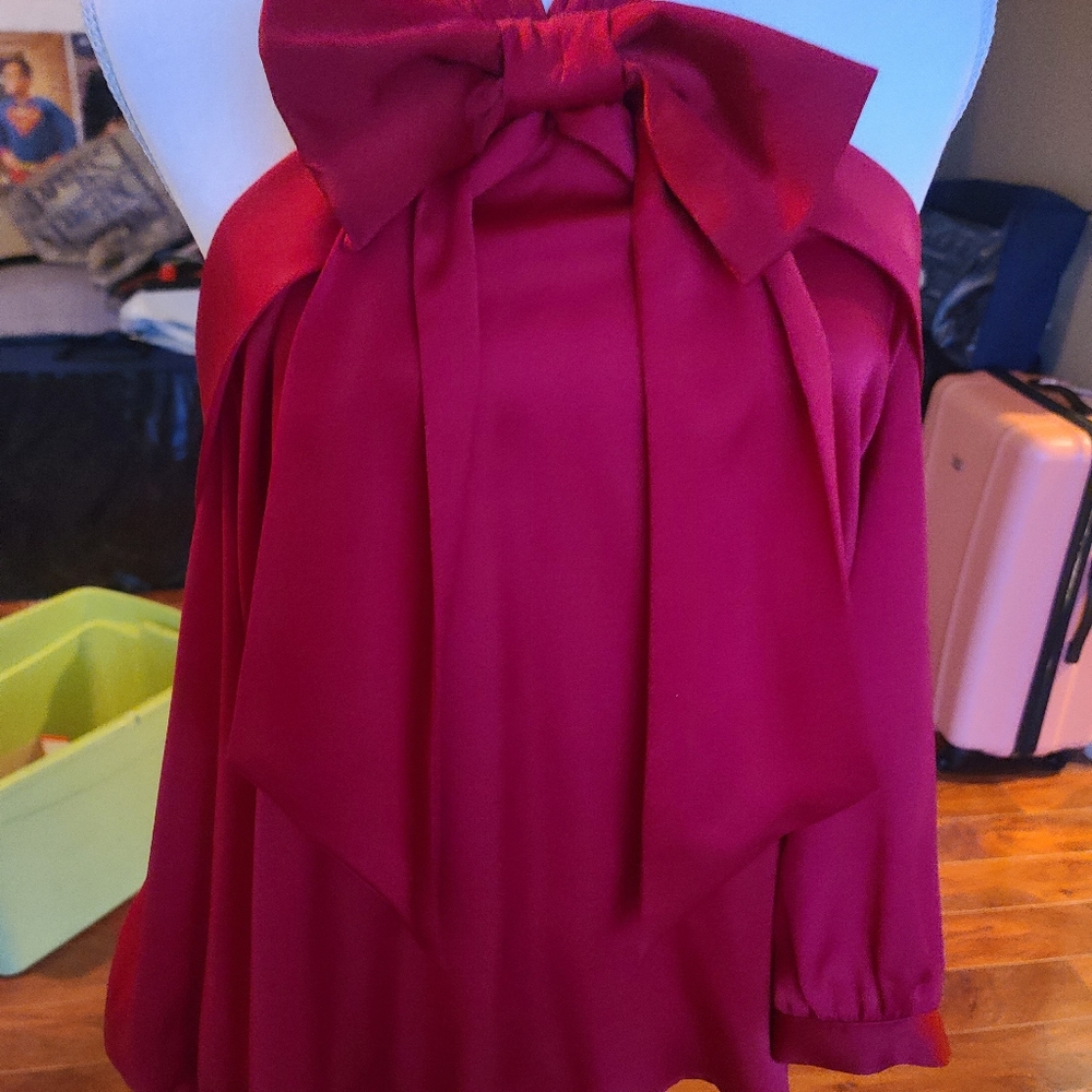 Formal off-shoulder halter blouse with long sleeve and big front bow